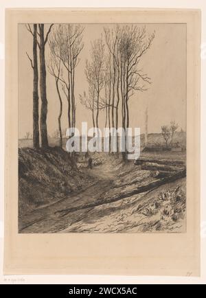 Landweg bei Vilvoorde, Carel Nicolaas Storm van 's-Gravesande, ca. 1872 Druck Baumstämme befinden sich im Vordergrund am Straßenrand. Im Hintergrund läuft ein Hirte mit einer Schafherde. Papierätzstraße, Pfad. Herde, Herde Vilvoorde Stockfoto