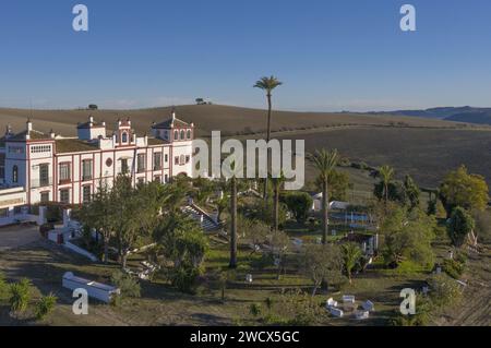 Spanien, Andalusien, Moron de la Frontera, Hacienda las Alcabalas und ihr Garten vom Himmel aus gesehen Stockfoto