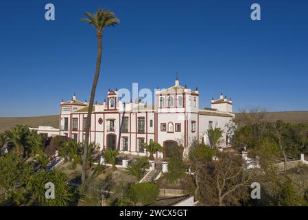 Spanien, Andalusien, Moron de la Frontera, Hacienda las Alcabalas und ihr Garten vom Himmel aus gesehen Stockfoto