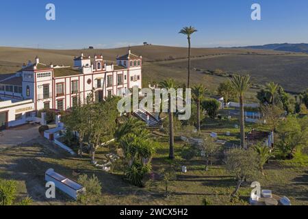 Spanien, Andalusien, Moron de la Frontera, Hacienda las Alcabalas und ihr Garten vom Himmel aus gesehen Stockfoto