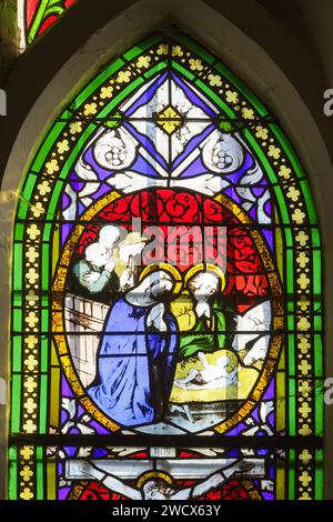 Frankreich, Meurthe et Moselle, Saintois, Vitrey, eglise de la Nativite de la Vierge (Kirche der Geburt der Jungfrau), Detail des Buntglasfensters, das Szenen aus dem Leben Jesu, der Geburt Jesu darstellt Stockfoto