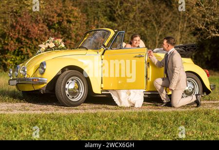 Lustige, ungewöhnliche, stilvolle, originelle Fotos mit Rollenumkehr eines jungen, attraktiven Brautpaares mit wunderschönen Veteranenautos in der Natur. Stockfoto