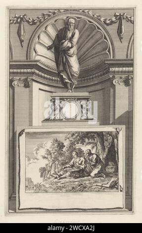 H. Gregorius van Nazianze de Jongere, Kirchenvater Jan Luyken, nach Jan Goeree, 1698 Druck der Heilige Kirchenvater Gregorius von Nazianze der junge Mensch, stehend auf einem Sockel. Auf der Vorderseite die Szene, in der er seinen Freund Basilius van Caesarea in Einsiedler besucht. Amsterdamer Papiergravur des Mönchs und Bischofs Gregor von Nazians, auch Theologe genannt; mögliche Attribute: Buch, Schriftrolle. Basilius Magnus, Bischof von Cäsarea; mögliche Attribute: Taube, (Säule des) Feuers. anchorit, Einsiedler Stockfoto