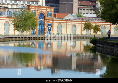 Frankreich, Meurthe et Moselle, Nancy, Flussufer des Nancy-Kanals zwischen Marne und Rhein, Fassade des ehemaligen Industriewerks Alsthom, Streetart an der Fassade von Straßenkünstlerin Koralie, die im Rahmen ihres Projektes Nomade entstanden ist und Buntglasfenster im Art déco-Stil aus Textil darstellt Stockfoto