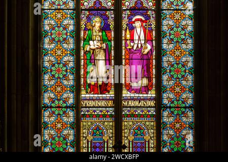 Frankreich, Meurthe et Moselle, Nancy, St. Epvre Basilika, erbaut im neogotischen Stil des Architekten Prosper Morey, Kirchenweihe im Jahr 1871, Buntglasfenster von Carl Geyling Werkstatt, die älteste 1841 gegründete Glasfenster-Werkstatt Österreichs, dies stellt auf der linken Seite Saint Francois de Sales dar, auf der rechten Seite Saint Charles Borromee, Place Saint Epvre Stockfoto