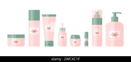 Set von Kosmetikprodukten für Schönheit und Hautpflege. Flaschen und Röhrchen mit Lotusblüten-Logo. Vektorabbildung Stock Vektor