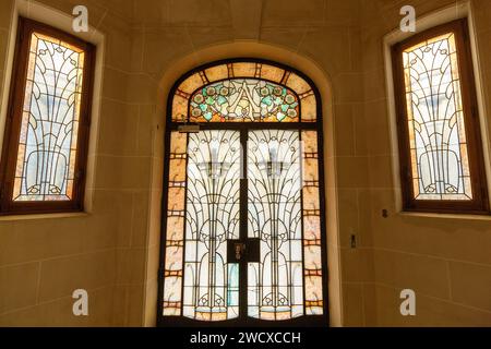 Frankreich, Meurthe et Moselle, Nancy, Detail der Tür des Hauses namens Villa Fruhinsholz, erbaut zwischen 1908 und 1910 vom Architekten Leon Cayotte im Jugendstilstil für Adolphe Fruhinsholz, einem Hersteller von Holzfässern in der Avenue du General Leclerc im Parc de Saurupt Stockfoto