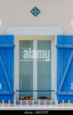 Frankreich, Meurthe et Moselle, Villers les Nancy, Fenster mit blauen Fensterläden eines Hauses in der Rue Georges Clemenceau Stockfoto
