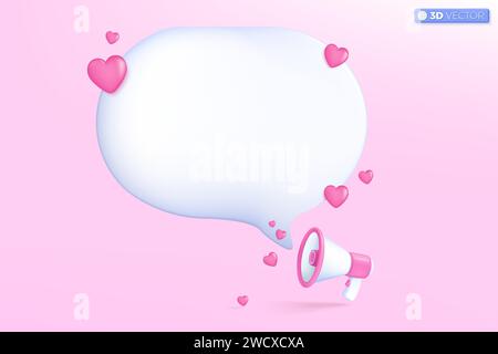 3D-Megaphon-Lautsprecher und rosafarbenes Herzsymbol. Valentinstag, Dating, Lautsprecher, niedliches 3D-Herz, Muttertag, ich liebe ein romantisches Konzept. 3D-Vektor-iso Stock Vektor