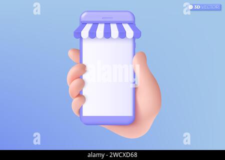 Symbol für 3D-Online-Shopping auf der Hand. Telefonmodell, Digital Marketing Shop, E-Commerce Konzept. Isolierte 3D-Vektor-Illustrationskonstruktion. 3D-Vektor ist Stock Vektor