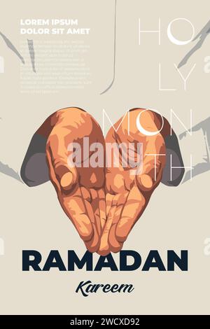 Islamischer heiliger Monat Ramadan Kareem Poster. Muslimische Gläubige in arabischer Kleidung Hände, Hände, Palmen in Gebet gefaltet. Eid Mubarak Feiertagsplakette. Islamfeier Moderne trendige Kunst Typografie Konzept. Vektor Stock Vektor