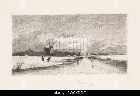 Skater in einer holländischen Landschaft, Elias stark, 1887 Printskater auf einem Speed. Auf der linken Seite kommen zwei Skater aus einem Graben. Drei Mühlen in der Entfernung. Nieuwer-Amstel-Papier. Ätzschuhe (Wintersport). Windmühle in der Landschaft Stockfoto