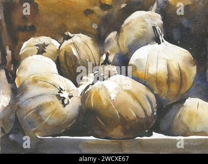 Bunte Aquarellmalerei Kürbisse Halloween Küche Kunstwerk trendige Wandkunst (Druck) Stockfoto