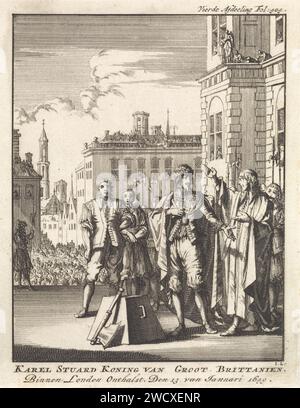 Enthauptung von Karl I., König von England, in London, 1649, Jan Luyken, 1698 Druck Druck oben rechts mit der Markierung: Fol. der vierten Division: 404. Amsterdam Papier, das gewaltsamen Tod durch Enthauptung von Whitehall graviert Stockfoto