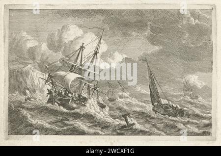 Schiffe in Not an einer felsigen Küste, Gerrit Groenewegen, 1807 drucken Sturm auf See. Links ein drei-Meister, der gerade auf die Felsen trifft. Auf der rechten Seite ein Fischerkahn, in dem zwei Leute am Steuer sind. Dieser Abdruck ist Teil einer Serie von sechs Abzügen mit verschiedenen Schiffen. Rotterdam-Papier, das Sturm auf See ätzt. Schiffe (im Allgemeinen) - CC - mehr als ein Schiff Stockfoto