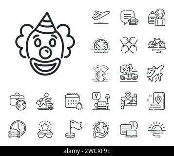 Symbol für die Clown-Linie. Vergnügungspark-Komiker-Schild. Flugzeugjet, Reisekarte und Gepäckausgabe. Vektor Stock Vektor
