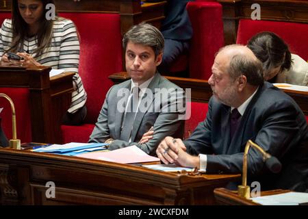 Paris, Frankreich. Januar 2024. Gabriel Attal während einer Sitzung mit Fragen an die Regierung in der Nationalversammlung in Paris am 17. Januar 2024. Foto: Eliot Blondet/ABACAPRESS.COM Credit: Abaca Press/Alamy Live News Stockfoto