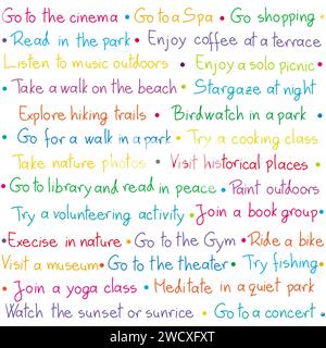 Outdoor-Aktivitäten, die man alleine machen kann. Möglichkeiten, Zeit zur freien Verfügung zu verbringen. Stock Vektor