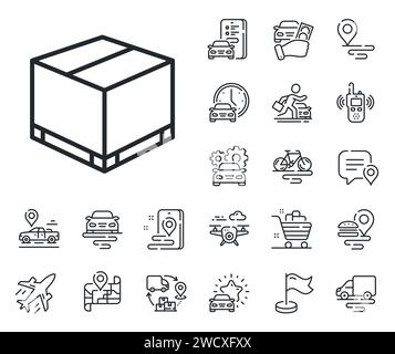 Zeilensymbol des Paketfensters. Logistikschild. Flugzeug, Lieferkette und Ort. Vektor Stock Vektor