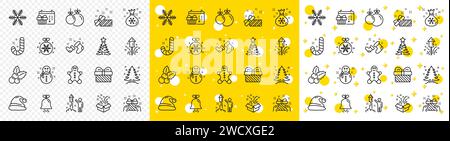 Symbole für Weihnachtslinien. Set aus Weihnachtsmütze, Lebkuchenmann und Geschenkbox. Vektor Stock Vektor