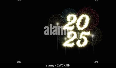 Frohes neues Jahr 2025. Blendender Text mit farbenfrohem Feuerwerk im Hintergrund, um die Ankunft des neuen Jahres mit Freude und Feiern zu feiern und zu begrüßen Stockfoto