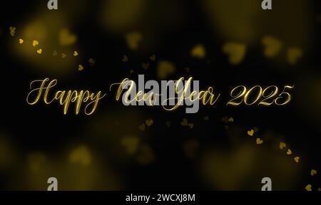 Frohes neues Jahr 2025. Goldener Kursivtext mit verschwommenem Herz-Bokeh, um die Ankunft des neuen Jahres mit Freude und Feier zu feiern und zu begrüßen. Stockfoto
