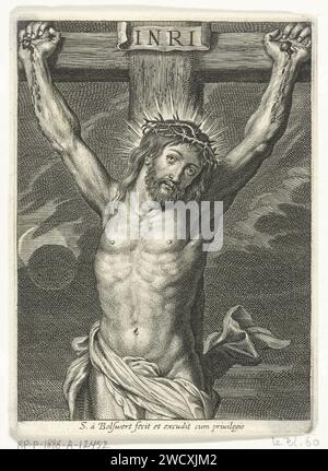 Christus am Kreuz und Sonnenfinsternis, Schelte Adamsz. Bolswert, nach Peter Paul Rubens, ca. 1596 - ca. 1659 Druckpapier mit Gravur bestimmter Arten des Gekreuzigten Christus (im nicht-narrativen Kontext). Dunkelheit von der sechsten bis zur neunten Stunde (dargestellt durch eine Sonnenfinsternis)  Christi Tod Stockfoto