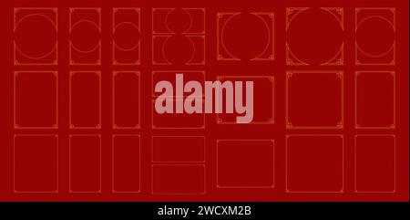 Sammlung verschiedener chinesischer Retro Border Vektor flache Illustration. Set aus verschiedenen traditionellen goldenen porzellanrahmen isoliert auf rotem Hintergrund. Stock Vektor