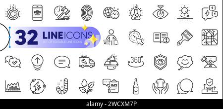 Skizzieren Sie die Liniensymbole „Car Service“, „Megaphone“ und „nach oben wischen“. Für Web-App. Vektor Stock Vektor