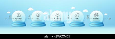 Infografik der Zeitachse mit 5 Schritten. Prozessdiagramm mit Symbolen für Forschung, Planung, Zeit und Erfolg Vektor Stock Vektor