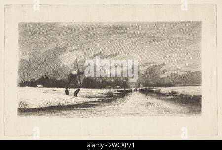 Skater in einer holländischen Landschaft, Elias stark, 1887 Printskater auf einem Speed. Auf der linken Seite kommen zwei Skater aus einem Graben. Drei Mühlen in der Entfernung. Nieuwer-Amstel Papierätzwindmühle in der Landschaft. Skates (Wintersport) Stockfoto