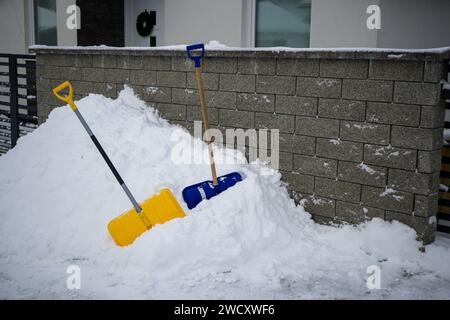 Zwei Schaufeln, die in einem Schneehaufen stecken (rot-blau). Stockfoto