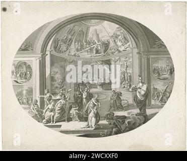 Allegorie mit Aufführungen aus der Passion Christi, Pieter van der Meulen, nach Cornelis Groeneveld, 1790–1858 Druck in einem architektonischen Raum, Szenen aus der Passion Christi sind an den Wänden dargestellt. Mitten im Letzten Abendmahl. Links die Geißel und die Gefangennahme Christi. In der Mitte des Kreuzes. Auf der rechten Seite nagelte Christus an das Kreuz und das Kreuz. Allegorische Figuren stehen im Vordergrund des Raumes. Links die Standhaftigkeit mit einer Säule in den Armen. Eine Figur mit einer Boje am Fuß, Symbol für die Person, die ein Sklave seiner irdischen Wünsche ist, ist tak Stockfoto