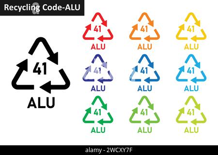 Symbolsatz für Recycling-Code aus Aluminium-Metall. Metall-Recycling-Symbole 41 ALU. Metall Recycling Code 41 Icon Kollektion in zehn verschiedenen Farben. Stock Vektor