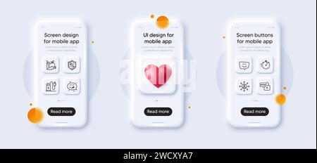 Smile Face, Juice und Yummy Smile Line Symbole werden verpackt. Für Web-App. 3D-Modelle für Telefone. Vektor Stock Vektor