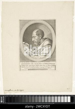 Portret Van de Schilder Correggio, Giovanni Francesco Bugatti, nach Giovanni Ambrogio Besozzi, 1600 - 1699 Print Italien Papierätzung / Gravur historischer Personen. Porträt, Selbstporträt des Künstlers Stockfoto