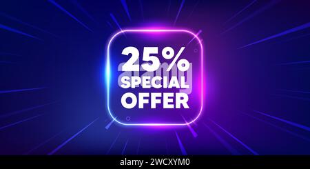 25 % Rabatt. Aktionsschild zum Verkaufspreis. Neonlicht-Rahmenbox. Vektor Stock Vektor