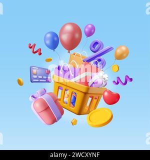 3D-Einkaufskorb aus Kunststoff mit Geschenkboxen und Tasche Stock Vektor