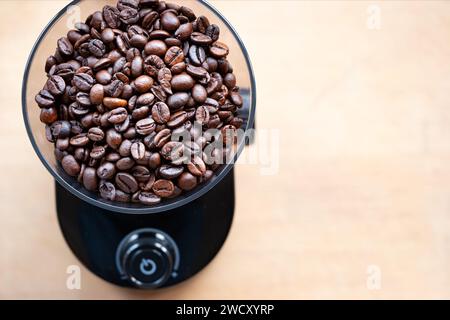 Eine elektrische Grat-Kaffeemühle für den Haushalt, gefüllt mit ganzen gerösteten Kaffeebohnen, die darauf warten, gemahlen zu werden, um frischen Kaffee zuzubereiten Stockfoto