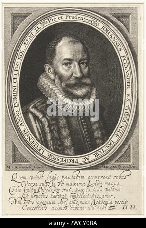 Porträt von Johannes Polyander van Kerkhoven im Alter von 51 Jahren, Willem Jacobsz Delff, nach Michiel Jansz van Mierevelt, 1619 Druck Porträt von Johannes Polyander van Kerkhoven im Alter von 51 Jahren, Bruststück mit Mühlenkragen und Kleid im ovalen Rahmen mit lateinischer Inschrift. In Signal Latin Fresh in sechs Zeilen. Delfter Papiergravur Stockfoto