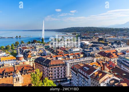 Genf, Schweiz, Stadtbild mit Blick auf See und Brunnen Stockfoto