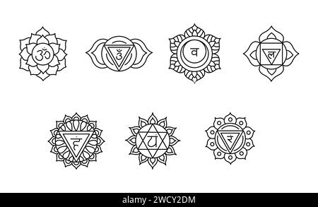 Chakras Set: Muladhara, Swadhisthana, Manipura, anahata, Vishuddha, ajna, Sahasrara. Isolierte Vektorillustration auf farbigem Hintergrund. Stock Vektor
