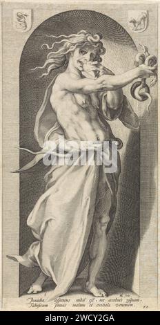 Enious (Invidia), Jacob Matham, nach Hendrick Goltzius, 1593 gedruckte Personifikation des Neides, als weibliche Figur mit Schlangen wie sie, zwei Schlangen in der Hand, die an einem Herzen nagen. Papierstich Envy; 'Invidia' (Ripa)  Personifizierung einer der sieben tödlichen Sünden Stockfoto