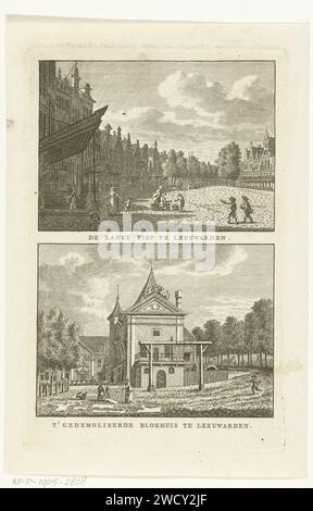 Zwei Stadtansichten in Leeuwarden: Lange Piep und Blokhuis, Carel Frederik Bendorp (I), nach Jan Bulthuis, 1786–1792 drucken zwei Stadtansichten in Leeuwarden: de lange Piep mit der Fassade von Vredeman de Vries ganz rechts, der aktuellen Adresse Nieuwestad 103 und dem abgerissenen Fort Blokhuis Papier, das den Blick auf die Stadt im Allgemeinen graviert; „Veduta“ Leeuwarden Stockfoto