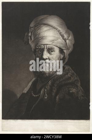 Porträtbüste eines Mannes mit einem Turban, Pieter Louw, nach Rembrandt van Rijn, 1743 - 1800 Druck Amsterdam Papier Kopfbedeckung: Turban Stockfoto