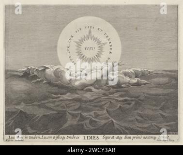 Schöpfung von Licht und Dunkelheit, anonym, nach Johann Sadeler (I), nach Maerten de Vos, 1639 Druck Gott in Form eines Tetragramms schwimmt auf einer Wolke: Über ihm ist Licht, unter ihm Dunkelheit. Am ersten Tag der Schöpfung schuf Gott Licht und Finsternis. Der erste Druck einer achtteiligen Serie über die Erstellungsgeschichte. Der Druck hat eine lateinische Unterschrift. Nach Design von: Antwerppublisher: Amsterdamer Papiergravur Trennung von Licht und Dunkelheit. Tetragramm (in römischer oder hebräischer Schrift)  Symbol Gottes Vater Stockfoto