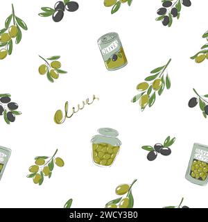 Nahtloses Muster von grünen und schwarzen Oliven. Oliven, Buffetoliven, Konservenoliven und in einem Glas. Stock Vektor