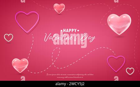 Realistische 3D-Vektordarstellung. Rosafarbener Hintergrund mit Herzen. Happy Valentine's Day Banner. Stock Vektor