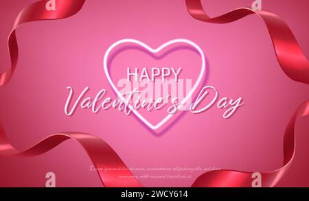 Realistische 3D-Vektordarstellung. Happy Valentine's Day Banner. Neonglühen Herz mit Bändern auf rosa Hintergrund. Stock Vektor