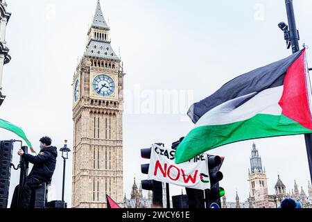 Ein globaler Tag der Proteste zog Tausende von Menschen, darunter Kinder, an, die sich ihren Weg durch das Zentrum Londons für einen pro-palästinensischen marsch bahnten, Teil eines globalen Aktionstages gegen den längsten und tödlichsten Krieg zwischen Israel und Palästinensern seit 75 Jahren. Die Demonstranten hielten Banner, Fahnen und Plakate hoch, als sie entlang des Ufers an der Themse gingen, um das palästinensische Volk in Gaza zu unterstützen. London, Vereinigtes Königreich. Stockfoto